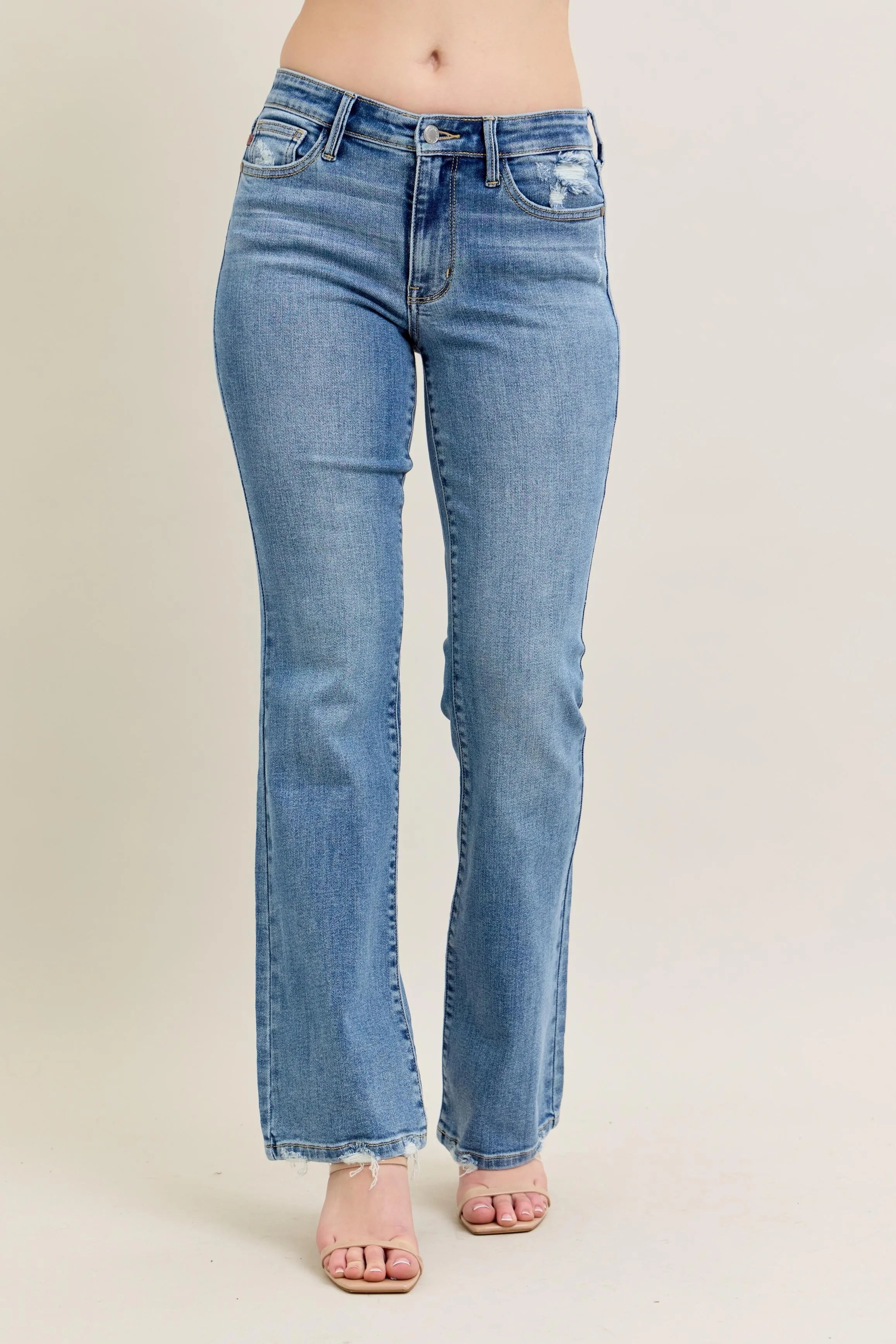 Judy Blue Full Size Mid Rise Wash Destroy Hem Bootcut Jeans Plus Size MD OutfitFlow