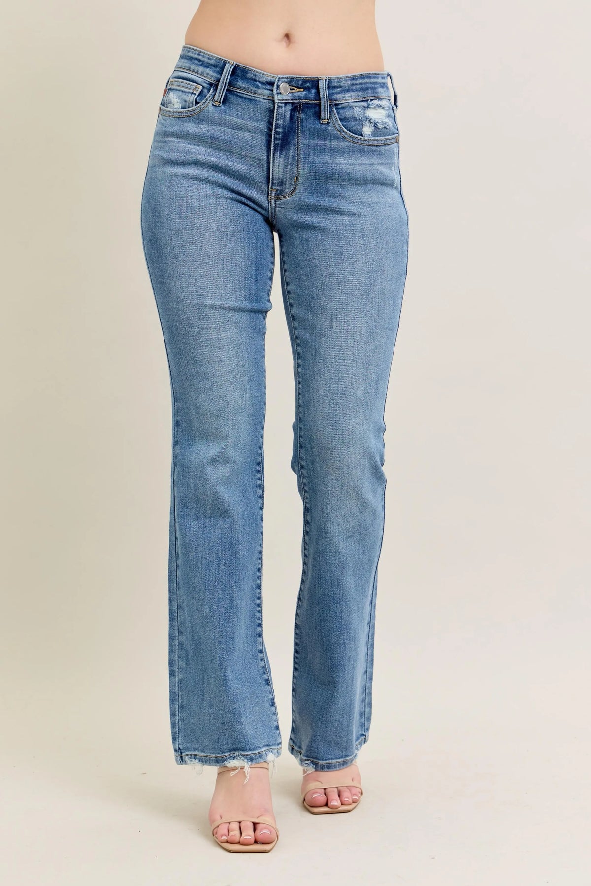 Judy Blue Full Size Mid Rise Wash Destroy Hem Bootcut Jeans Plus Size MD OutfitFlow