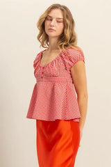 HYFVE Gingham Scoop Neck Cap Sleeve Blouse OutfitFlow