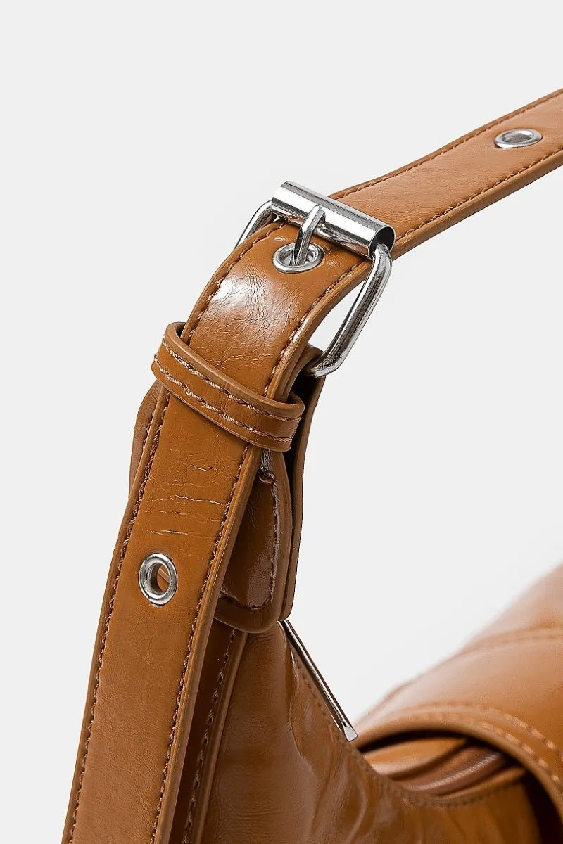 Fame Faux Leather Studded Trim Shoulder Bag OutfitFlow