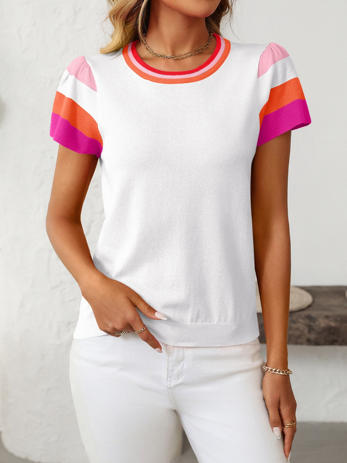 Outfit Flow - Mandy Contrast Round Neck Short Sleeve Knit Top