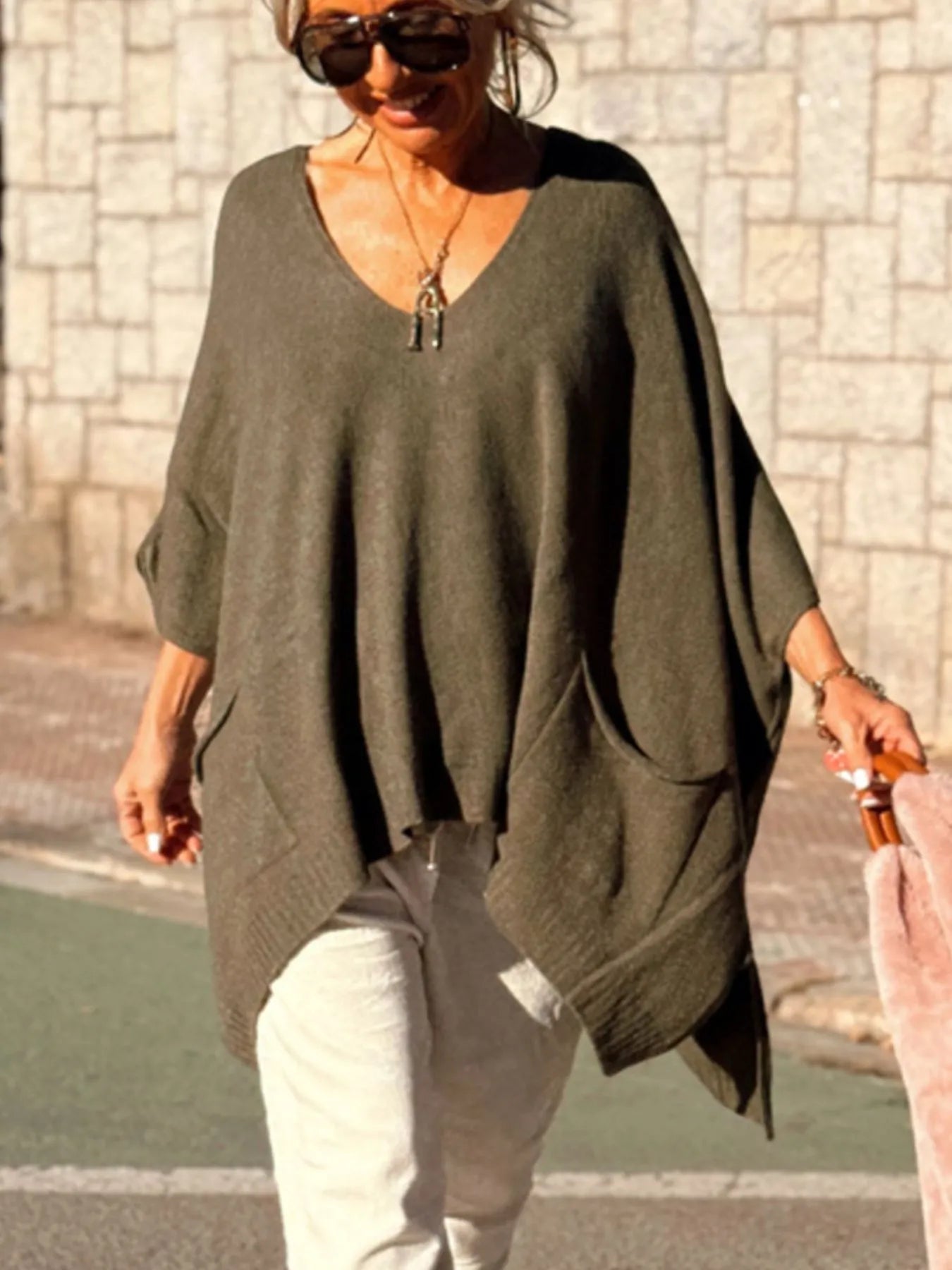 Ribbed Hem V-Neck Sweater OutfitFlow