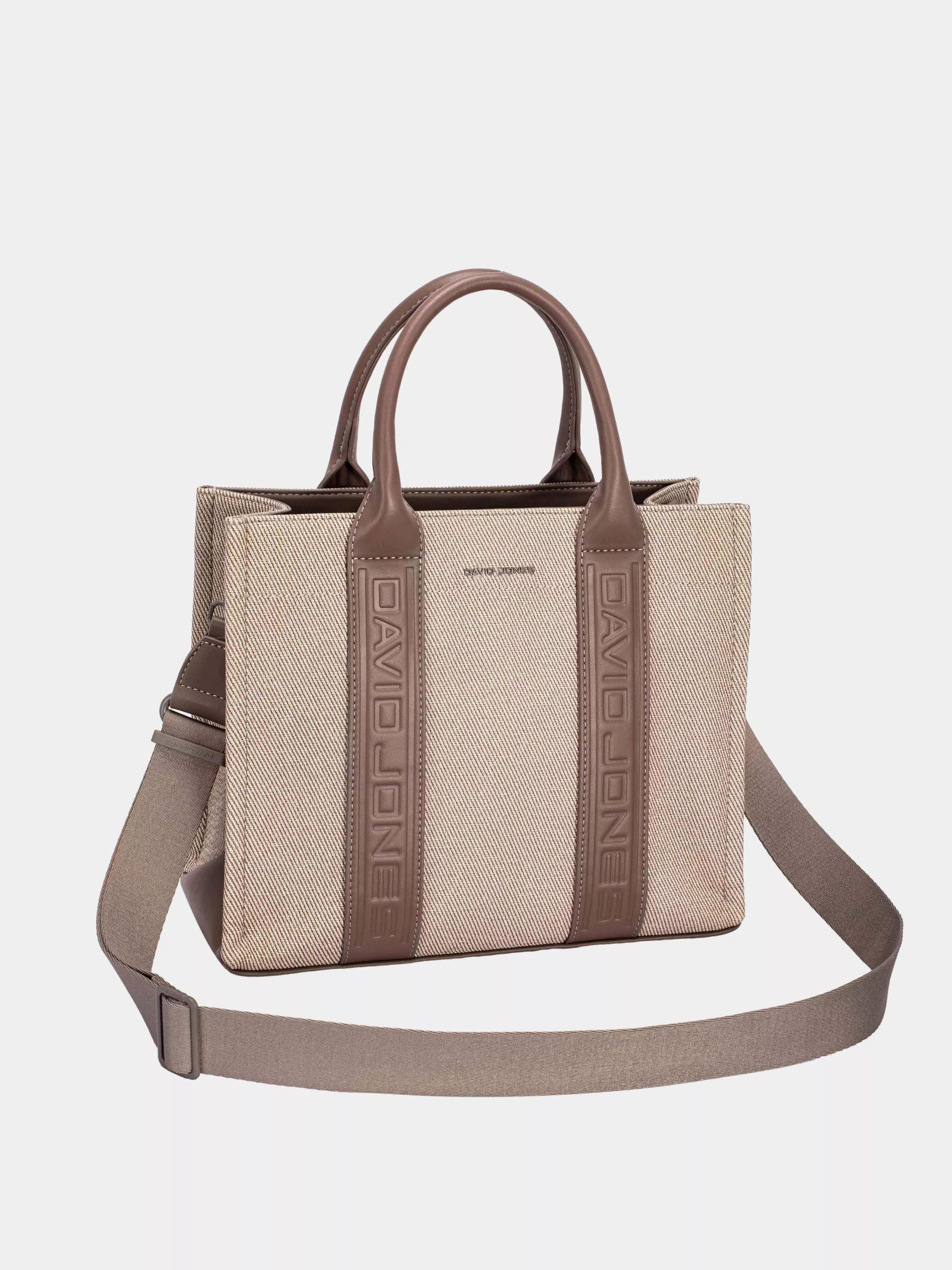 David Jones Canvas Tote Handbag with Contrast Leather Handles COCOA BROWN One Size OutfitFlow