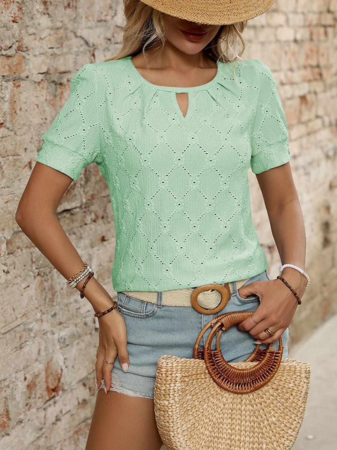 Eyelet Round Neck Short Sleeve Top OutfitFlow