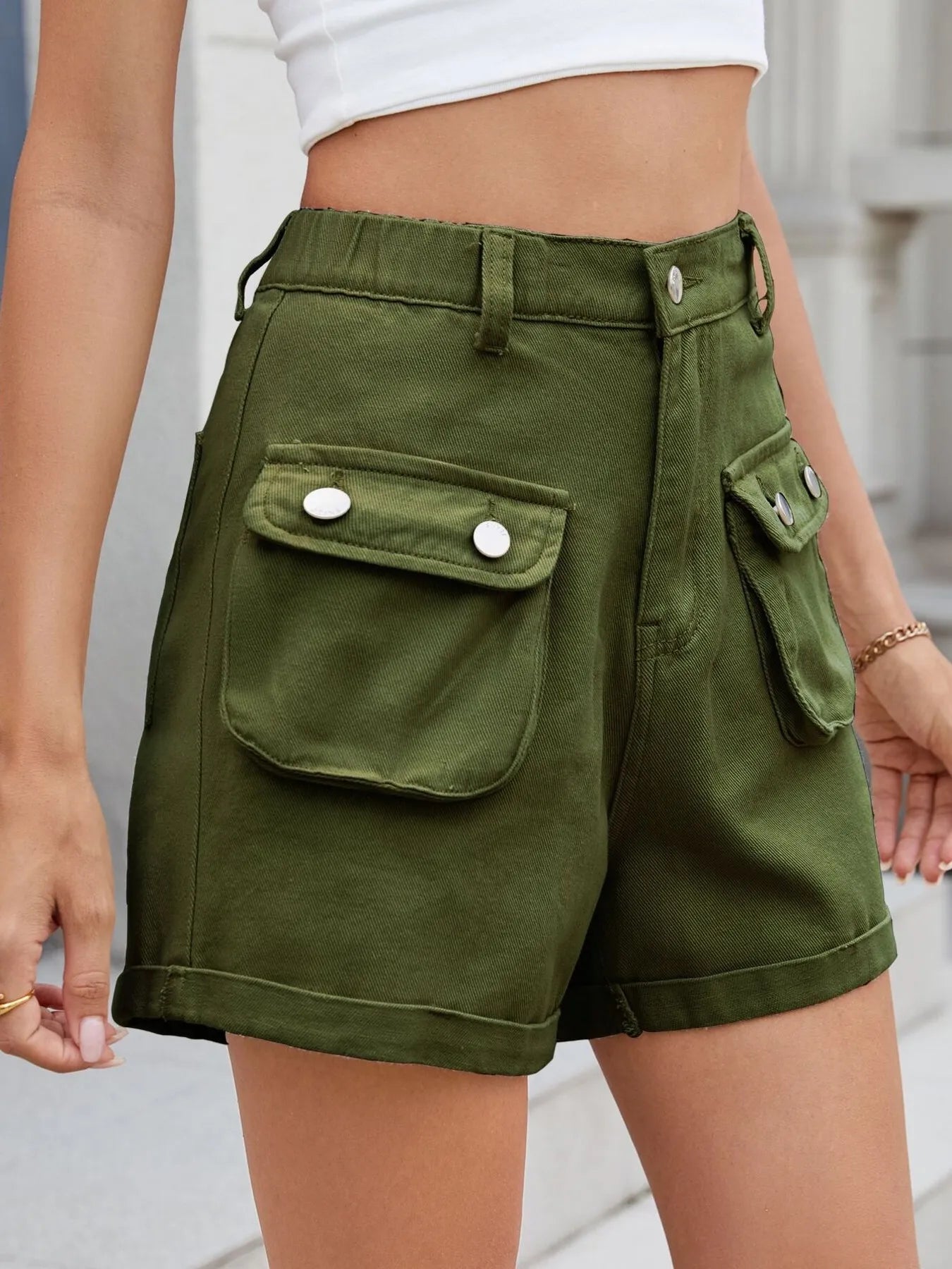 High Waist Cargo Denim Shorts with Multi Pockets Army Green OutfitFlow