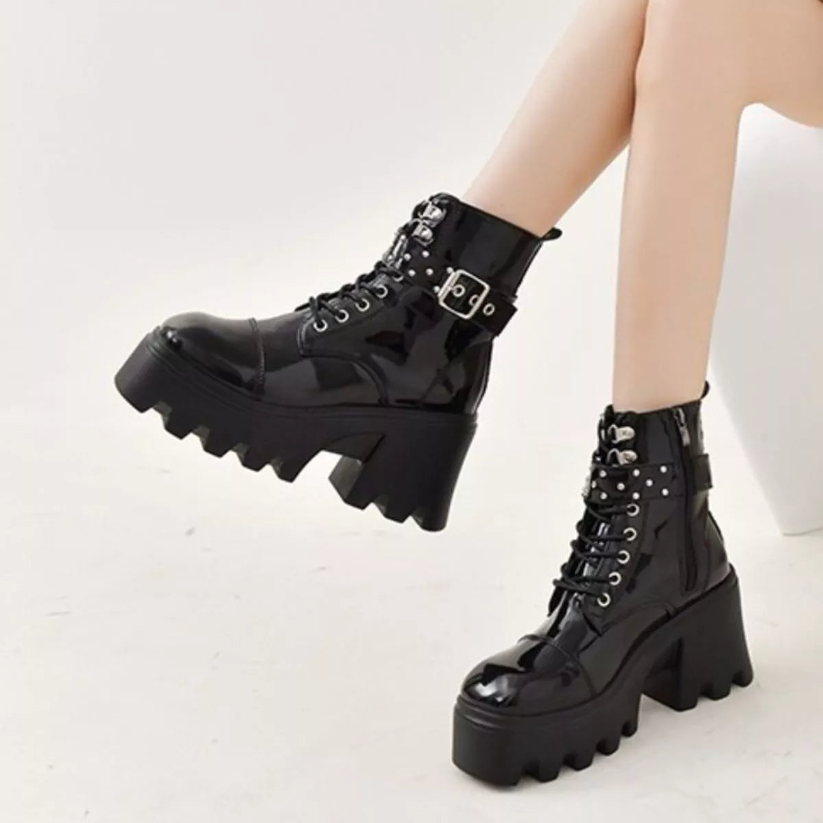 Platform Ankle Boots with Buckle and Studded Detail OutfitFlow