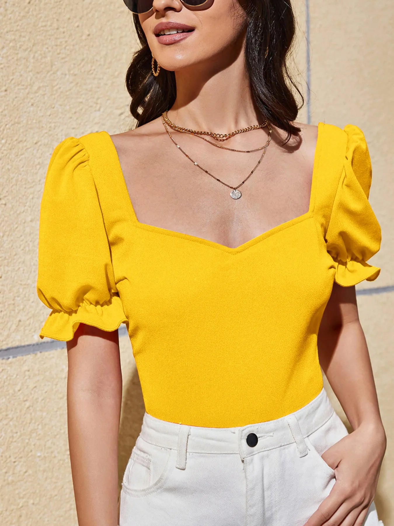 Sweetheart Neck Short Sleeve Top Gold OutfitFlow