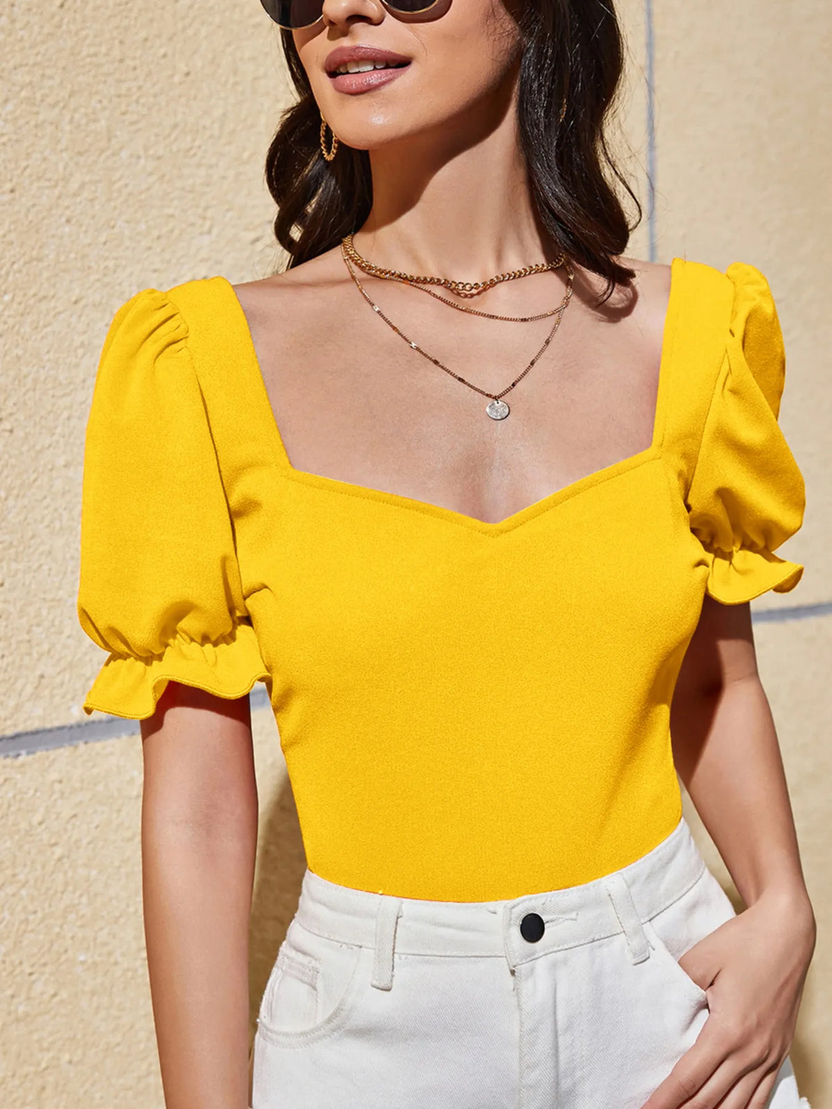 Sweetheart Neck Short Sleeve Top Gold OutfitFlow