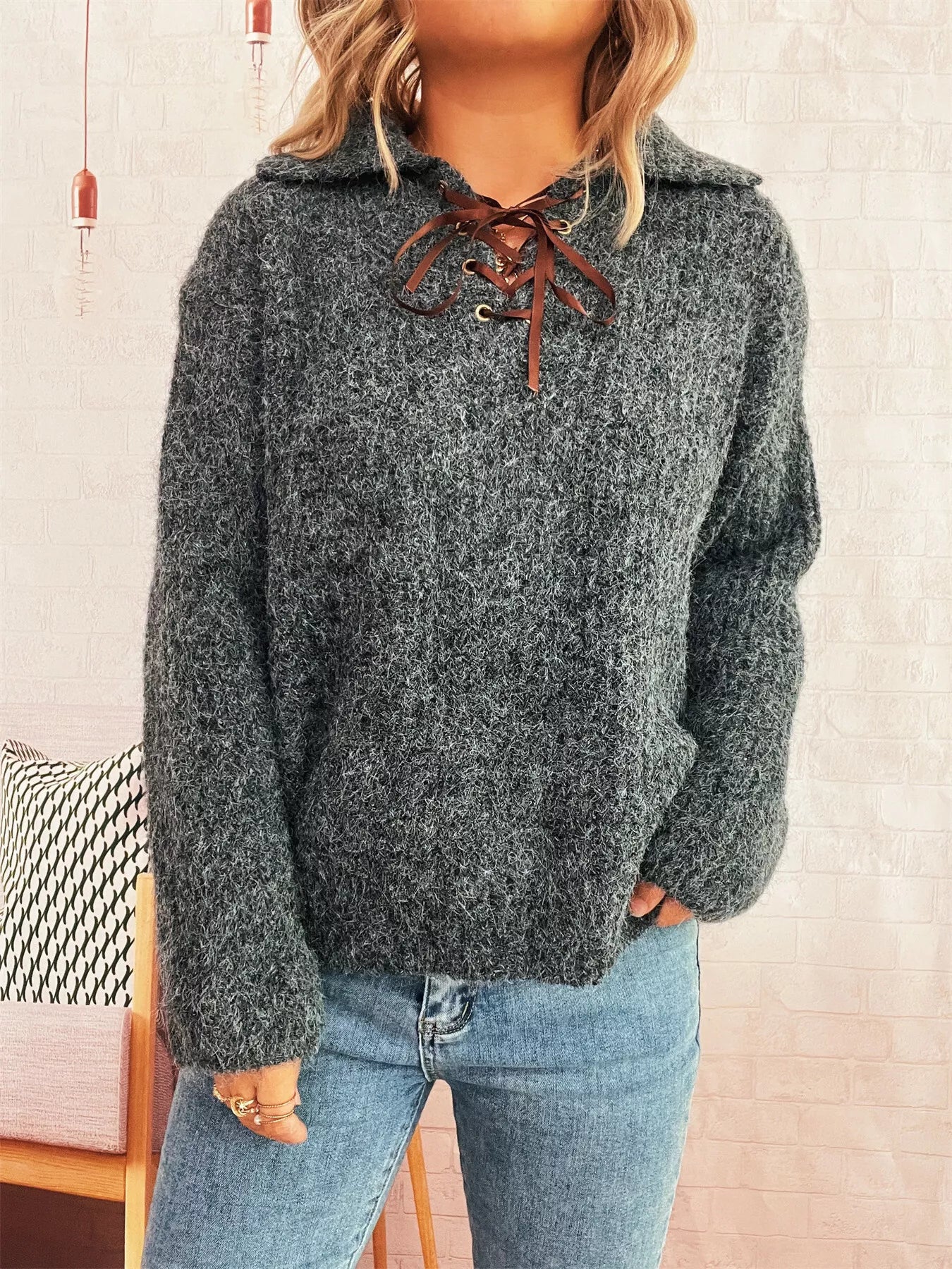 Lace Up Long Sleeve Sweater OutfitFlow