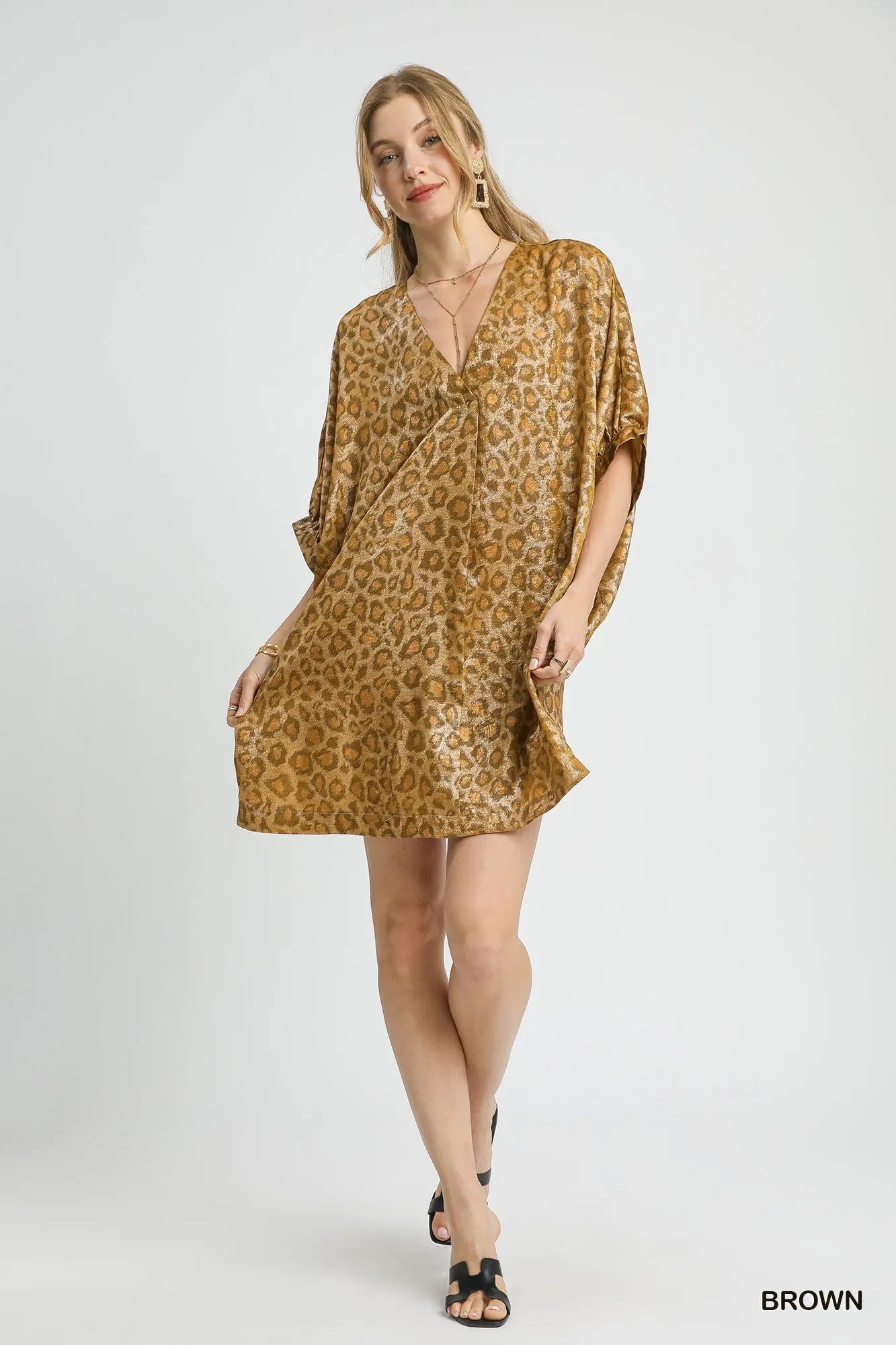 Umgee Metallic Leopard Print V-Neck Kimono Dress OutfitFlow