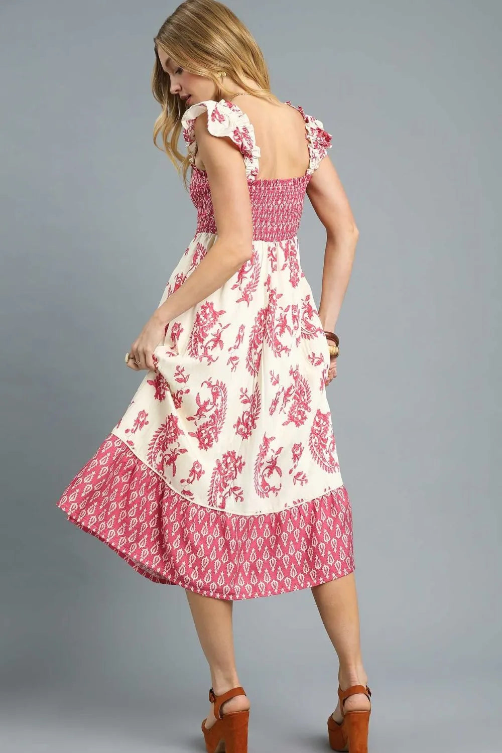 Umgee Printed Smocked Midi Dress with Ruffle Details OutfitFlow