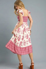 Umgee Printed Smocked Midi Dress with Ruffle Details OutfitFlow