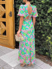 Floral Print V-Neck Puff Sleeve Midi Dress OutfitFlow