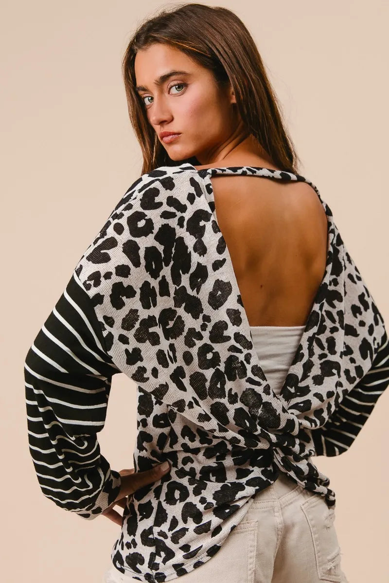 BiBi Leopard Hacci Knit Twist Back Top With Stripe Sleeve OutfitFlow