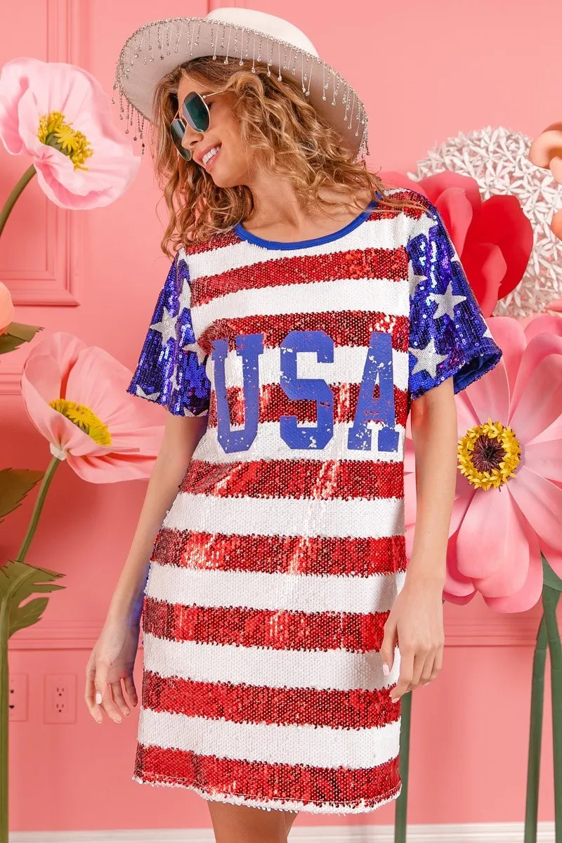 BiBi American Flag Theme Usa Print Sequin Dress OutfitFlow