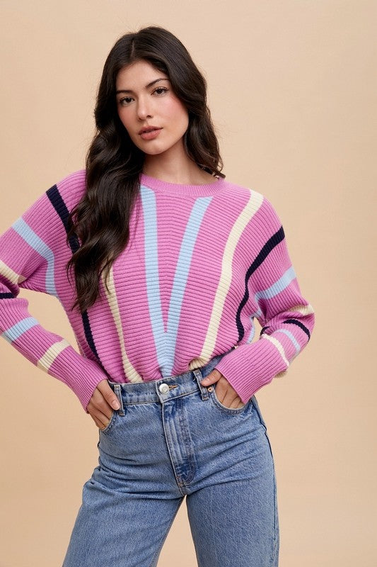 Annie Wear Chevron Stripe Round Neck Ribbed Sweater