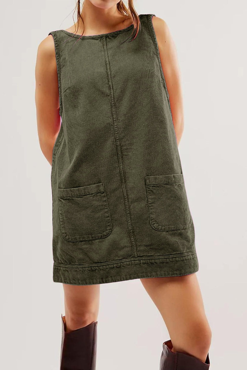 Outfit Flow - Round Neck Wide Strap Corduroy Mini Dress