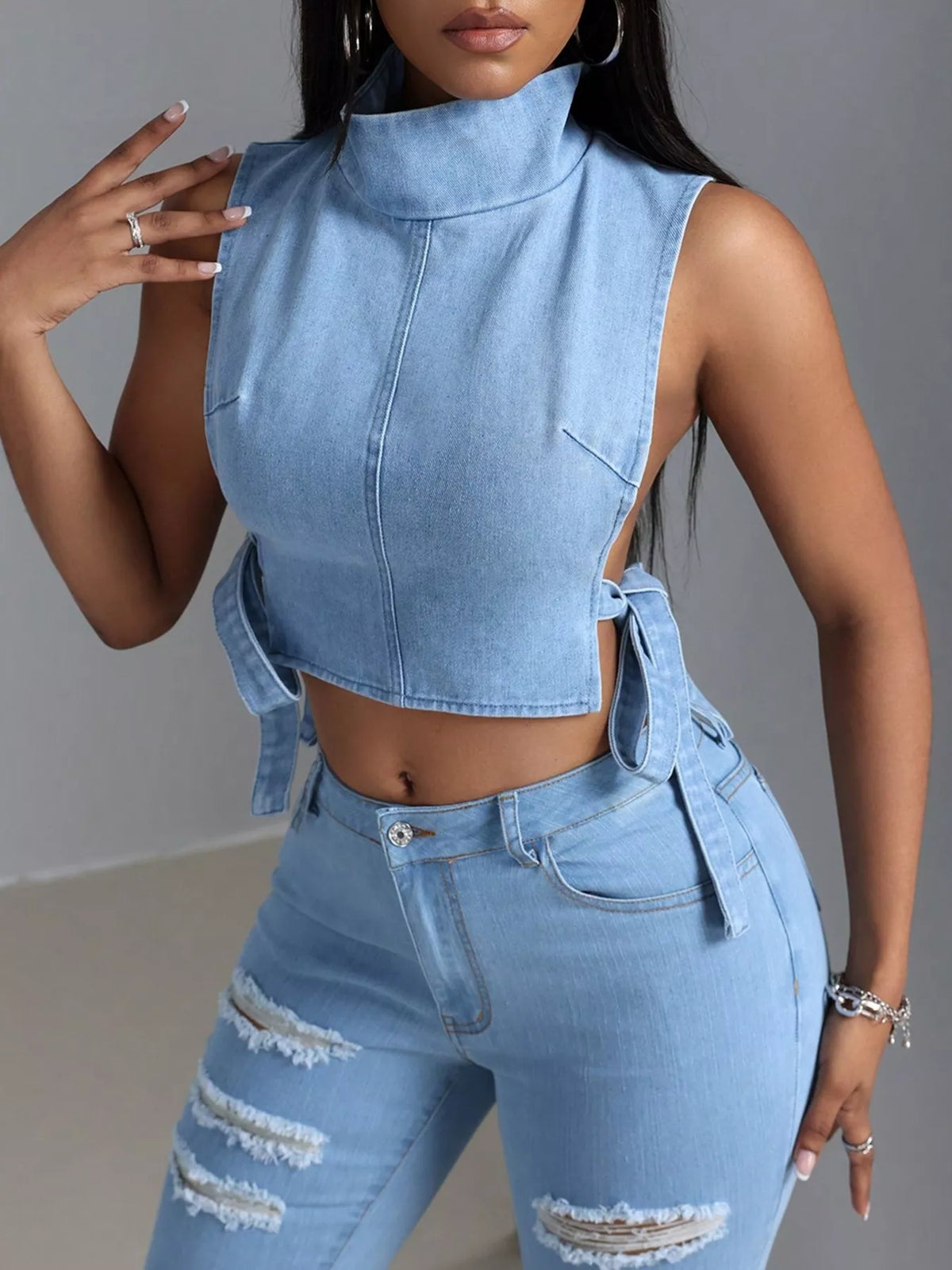 Sleeveless Cropped Denim Turtleneck Top with Side Tie Details Blue OutfitFlow