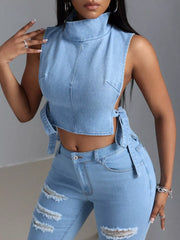 Sleeveless Cropped Denim Turtleneck Top with Side Tie Details Blue OutfitFlow