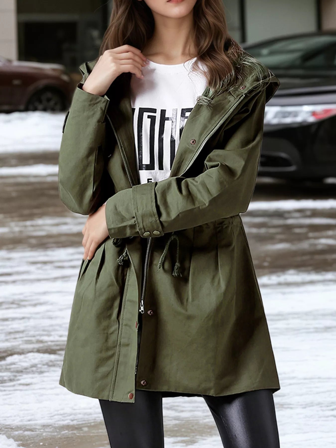 Plus Size Hooded Drawstring Waist Trench Coat OutfitFlow
