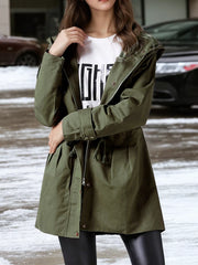 Plus Size Hooded Drawstring Waist Trench Coat OutfitFlow