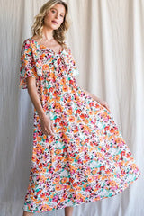 Lime 'N' Chili Floral Print Sweetheart Neck Tie Front Midi Dress OutfitFlow