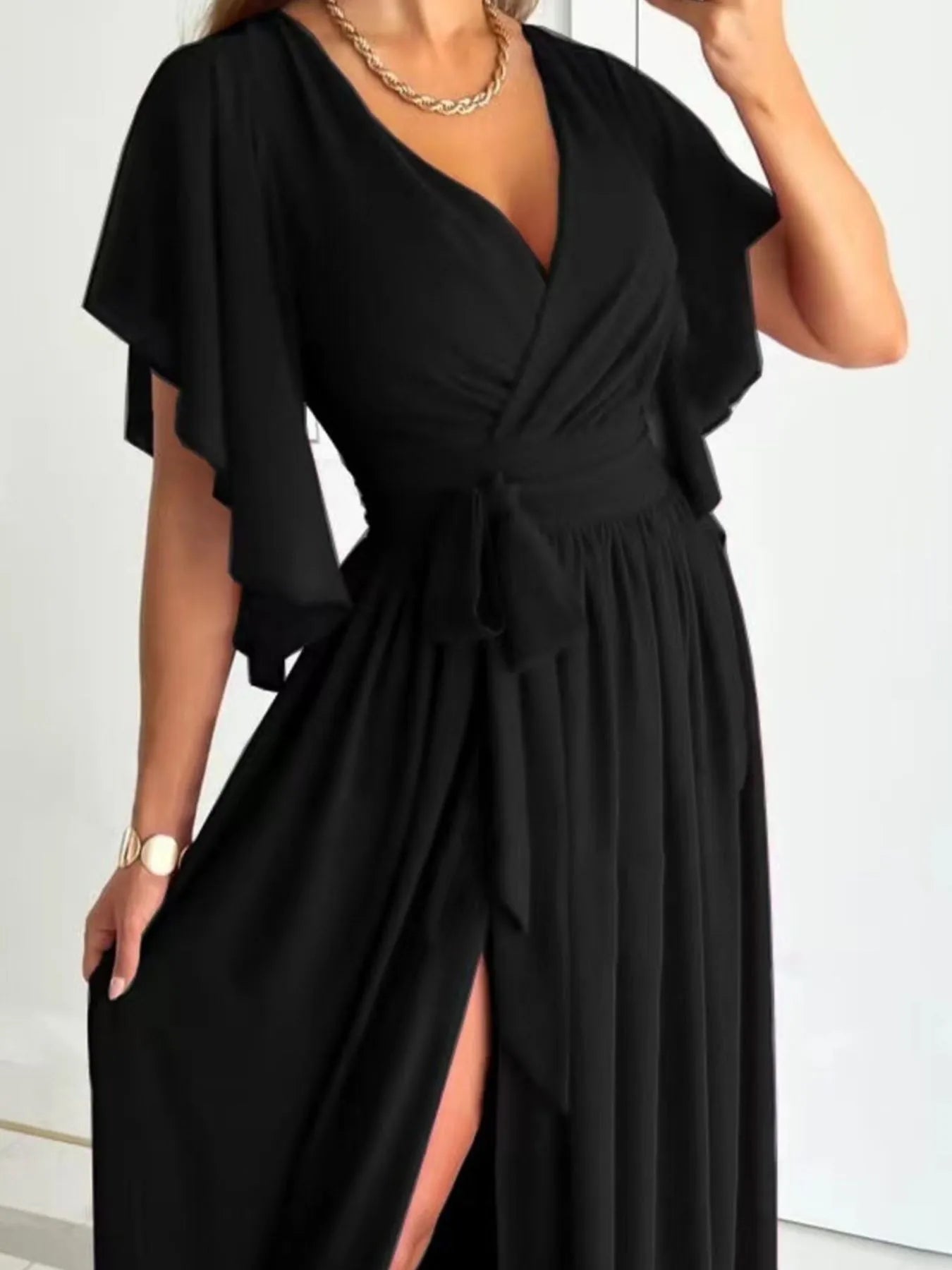 Flutter Sleeve Surplice Tie Waist Dress OutfitFlow