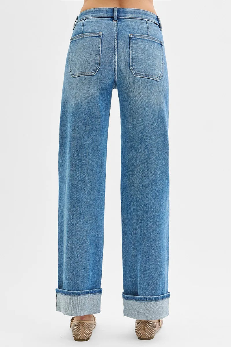 RISEN Full Size Elastic Band Mid Rise Wide Front Patch Pocket Cuff Jeans Plus Size OutfitFlow