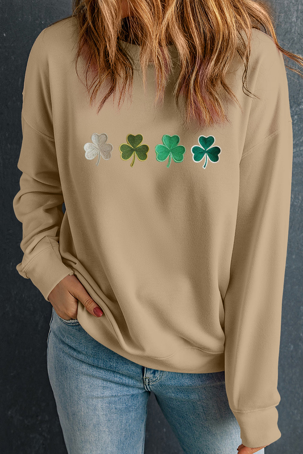 Embroidered Clover Pattern Round Neck Sweatshirt OutfitFlow