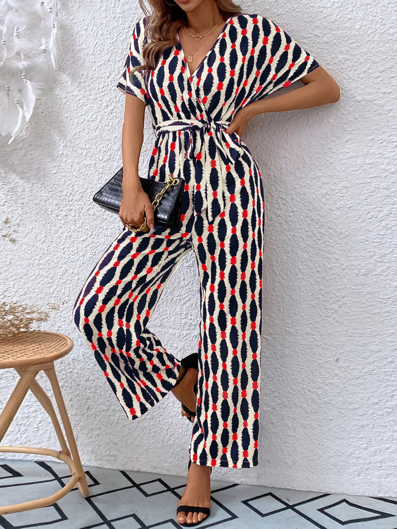 Printed Surplice Tie Waist Short Sleeve Jumpsuit Deep Red OutfitFlow