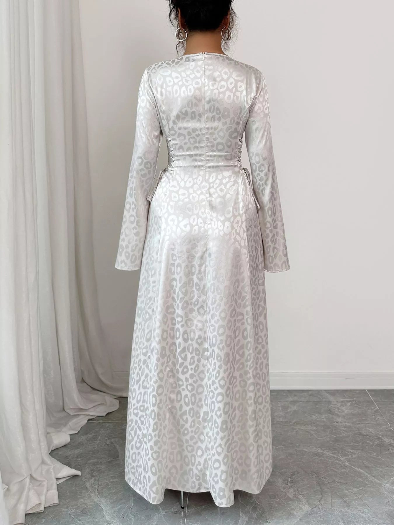 Leopard Lace Up Long Sleeve Maxi Dress OutfitFlow