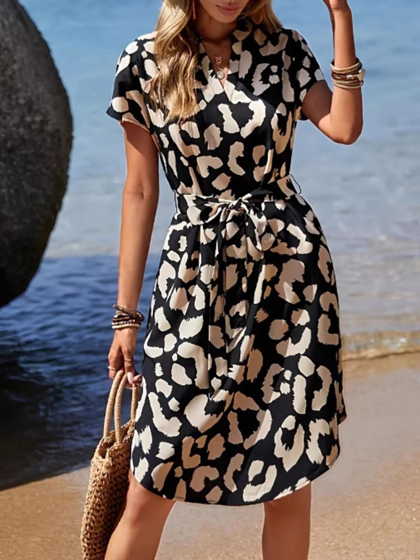Leopard Notched Tie Waist Midi Dress OutfitFlow