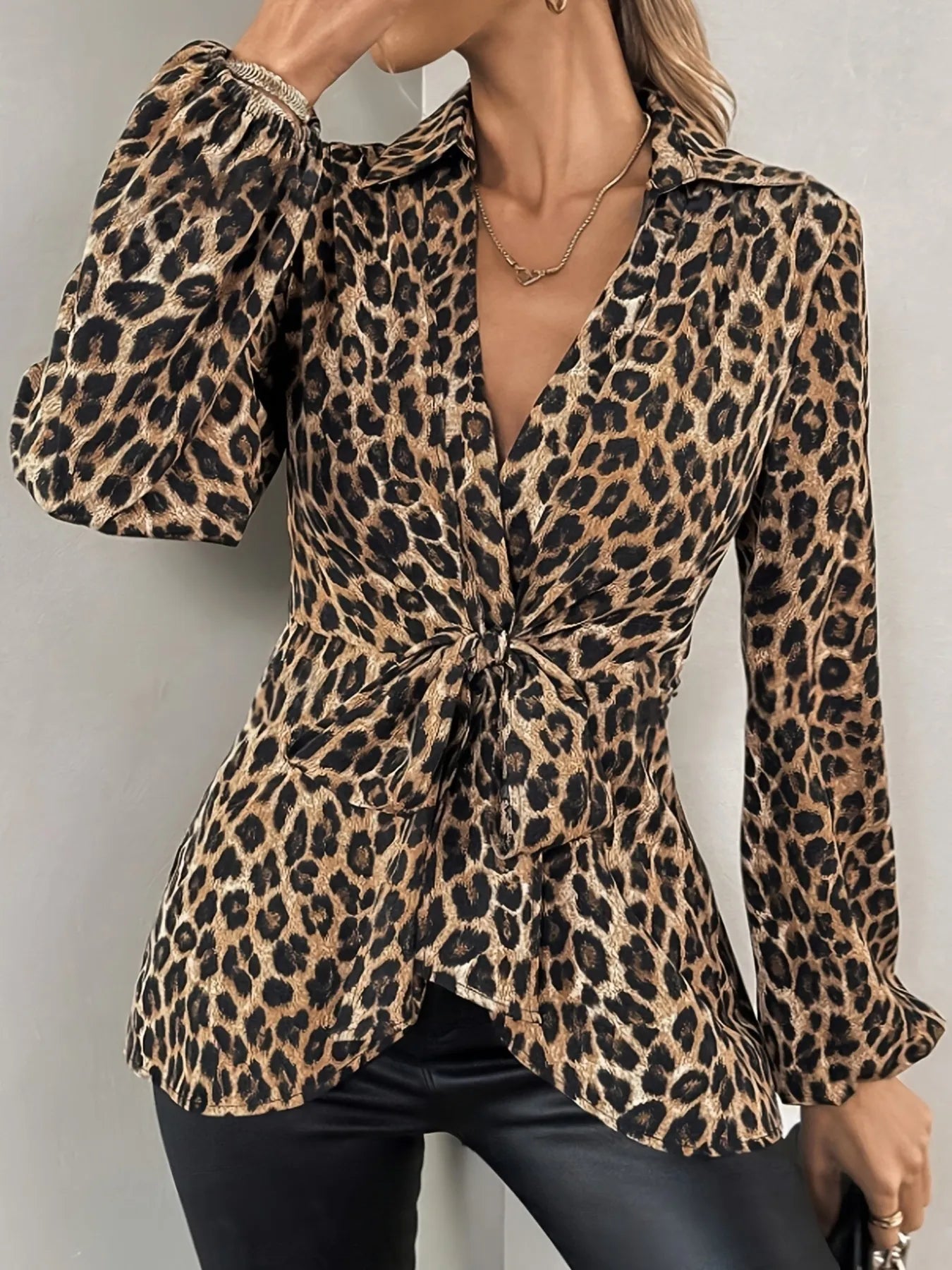 Leopard Tie Front Long Sleeve Blouse OutfitFlow