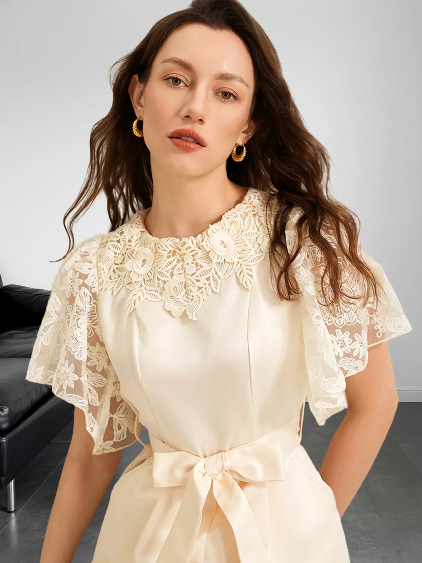 Lace Trim Belted Wide Leg Jumpsuit OutfitFlow