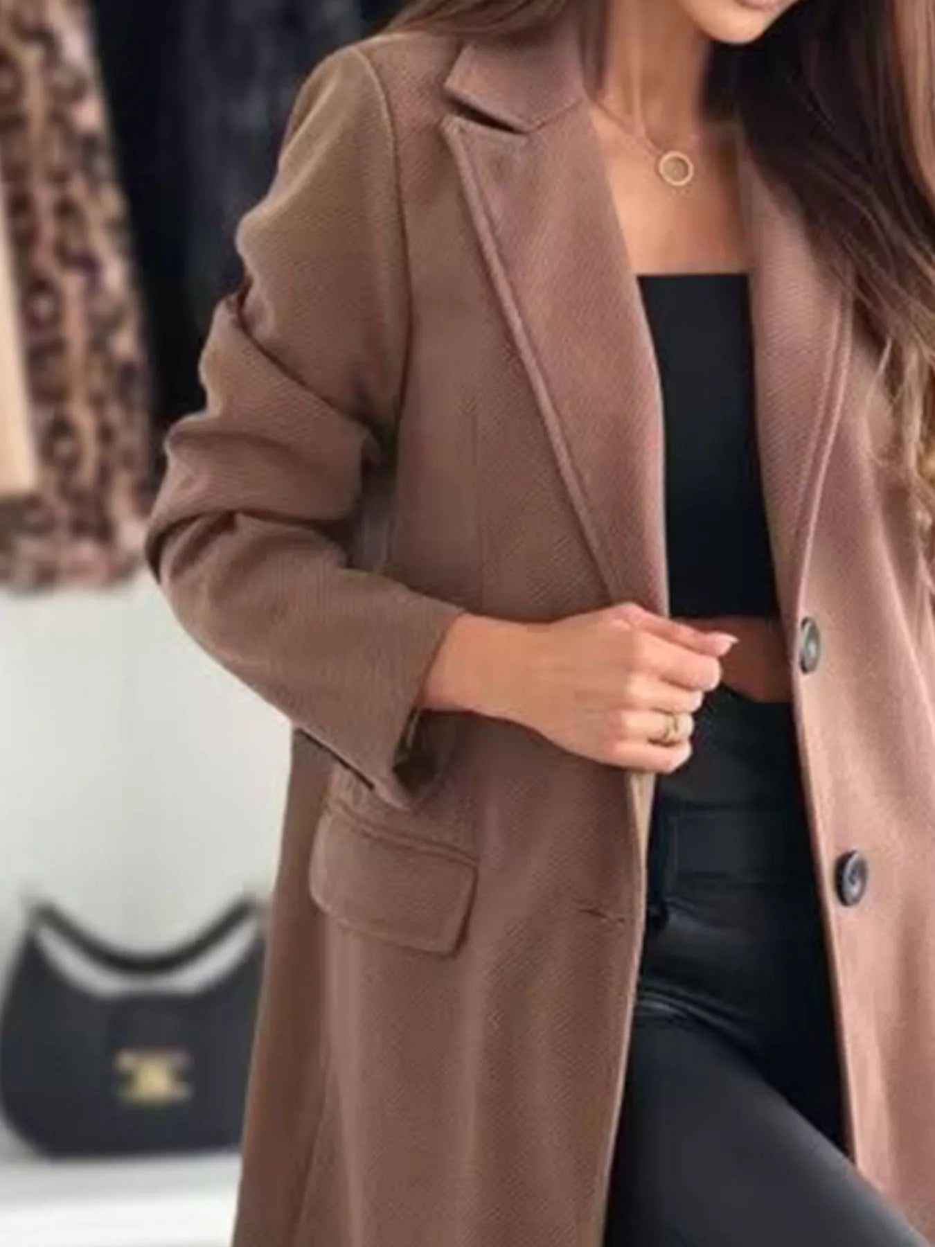 Lapel Collar Long Sleeve Coat OutfitFlow