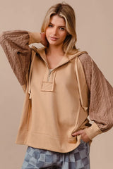 BiBi Half Zip French Terry Hoodie with Kint Sleeves OutfitFlow