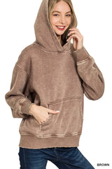Zenana Fleece Acid Wash Kangaroo Pocket Hoodie OutfitFlow