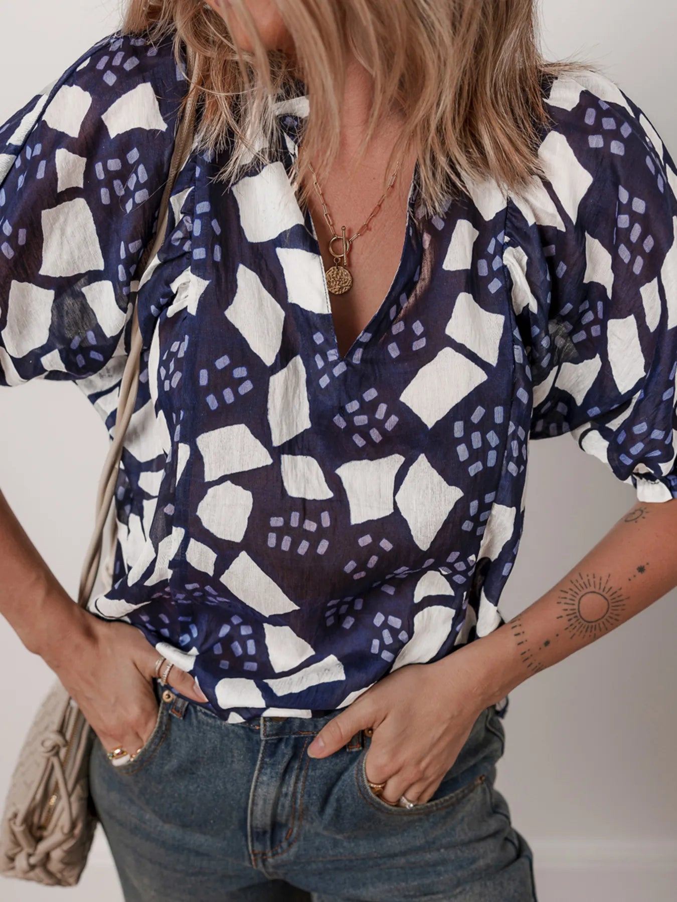 Abstract Print Frilled Puff Sleeve V Neck Blouse OutfitFlow