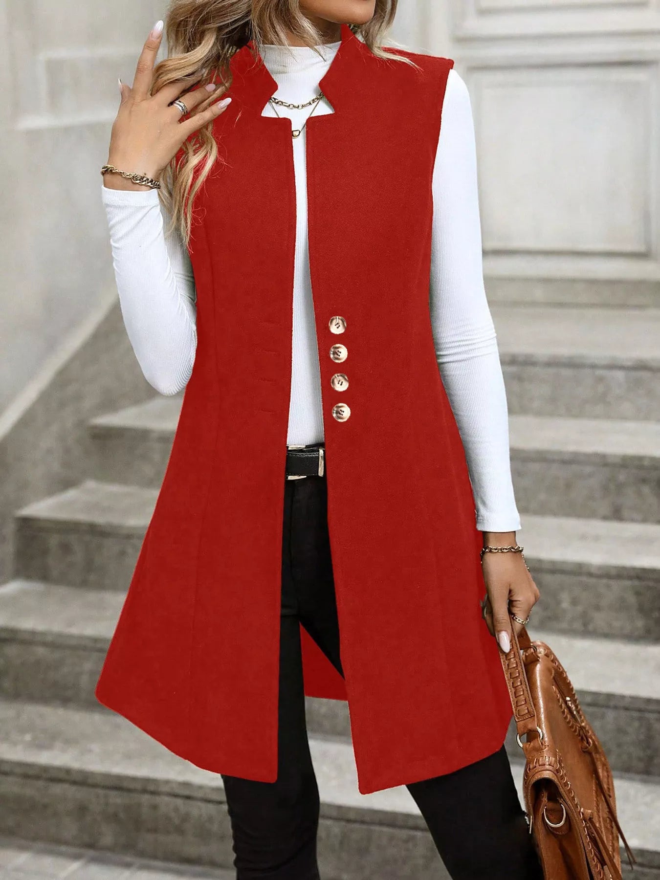 Button-Down Longline Vest Coat Big Red Trendsi