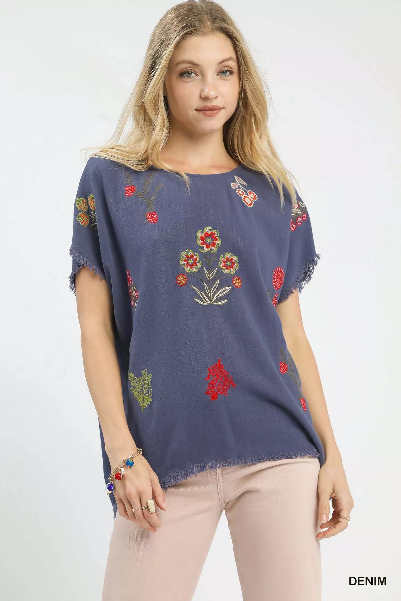 Umgee Linen Blend Embroidered Frayed Hem Top DENIM OutfitFlow