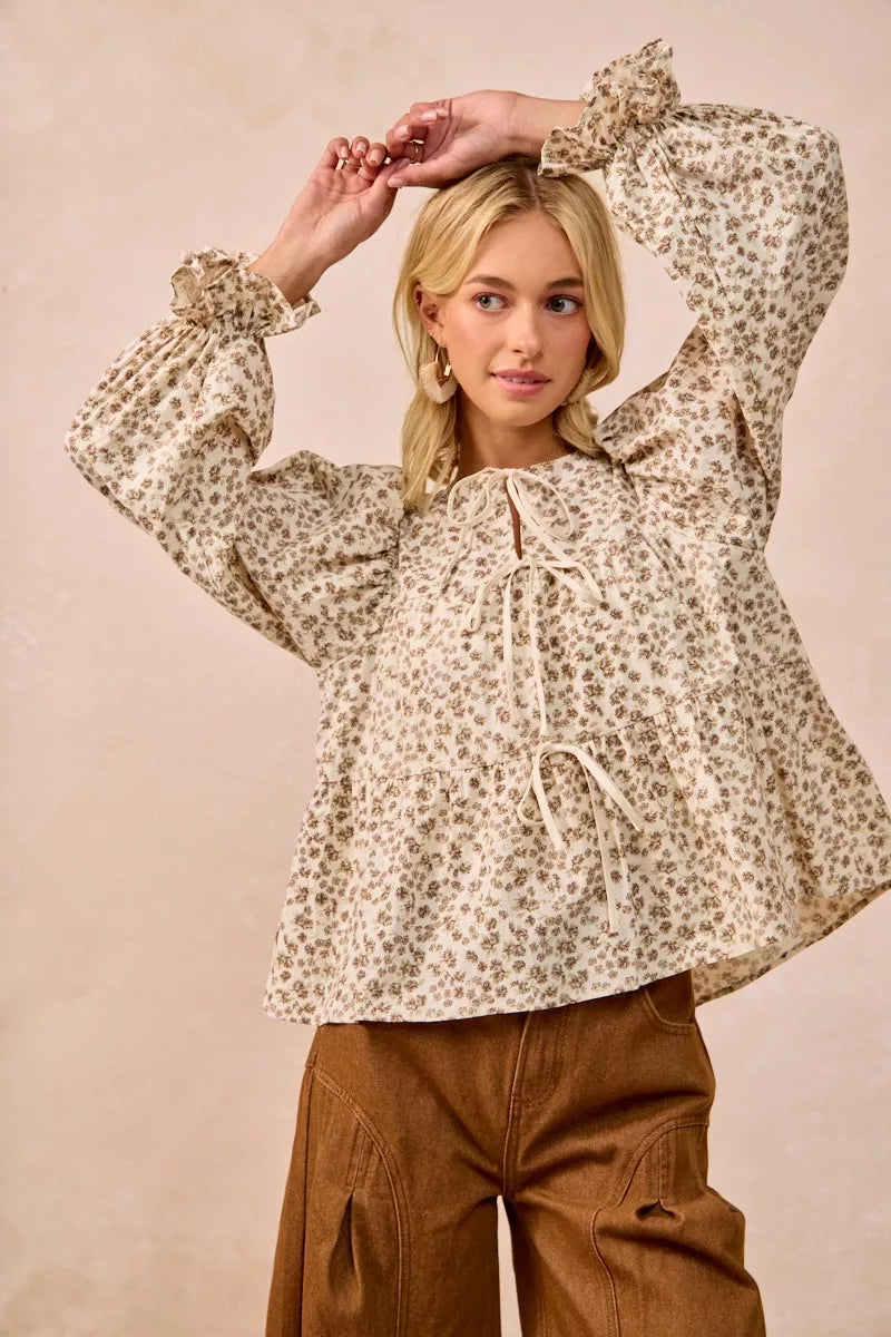 BiBi Floral Printed Peplum Blouse with Shirring and Tied OutfitFlow