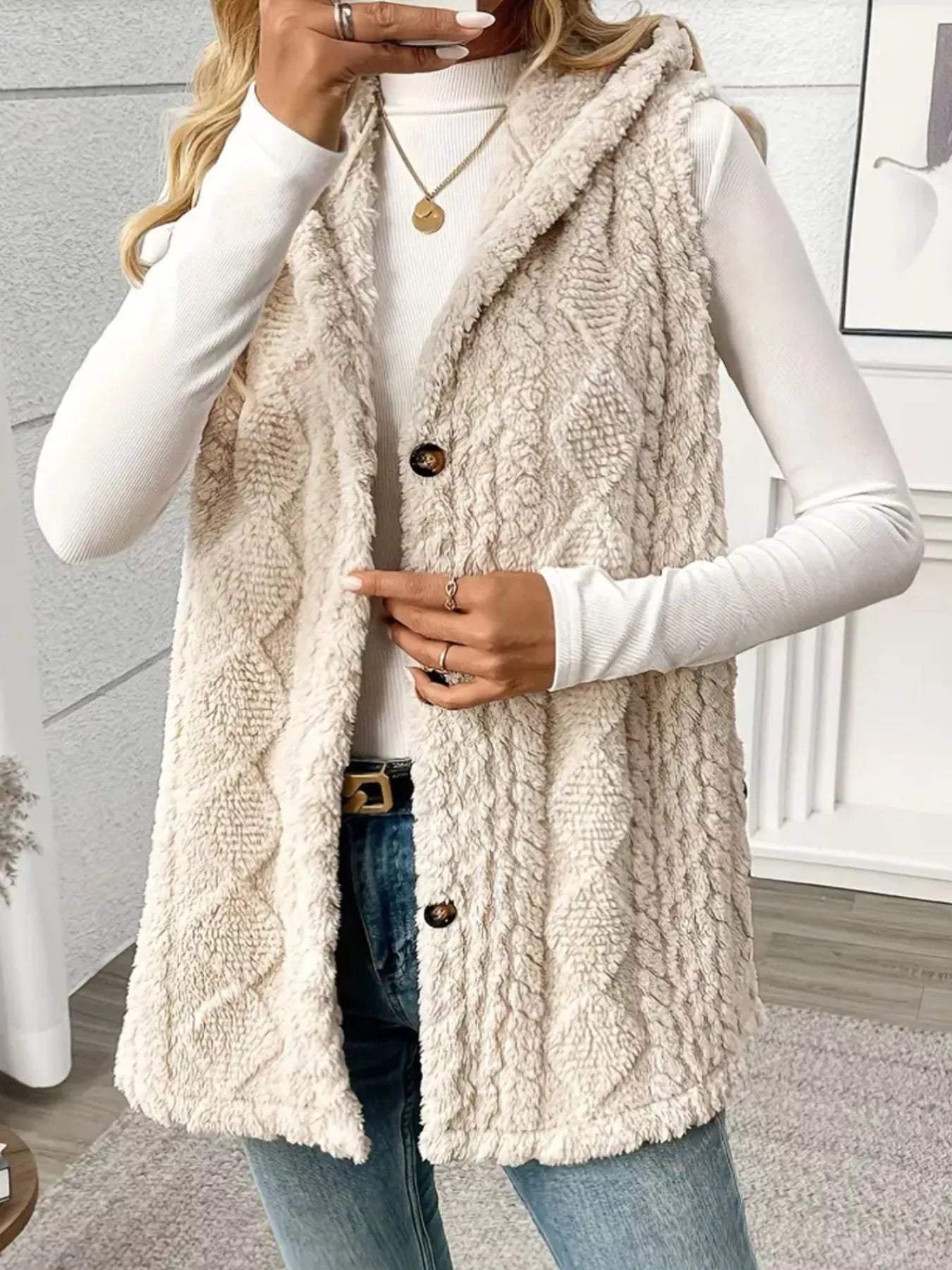 Button Up Plush Hooded Vest Coat OutfitFlow