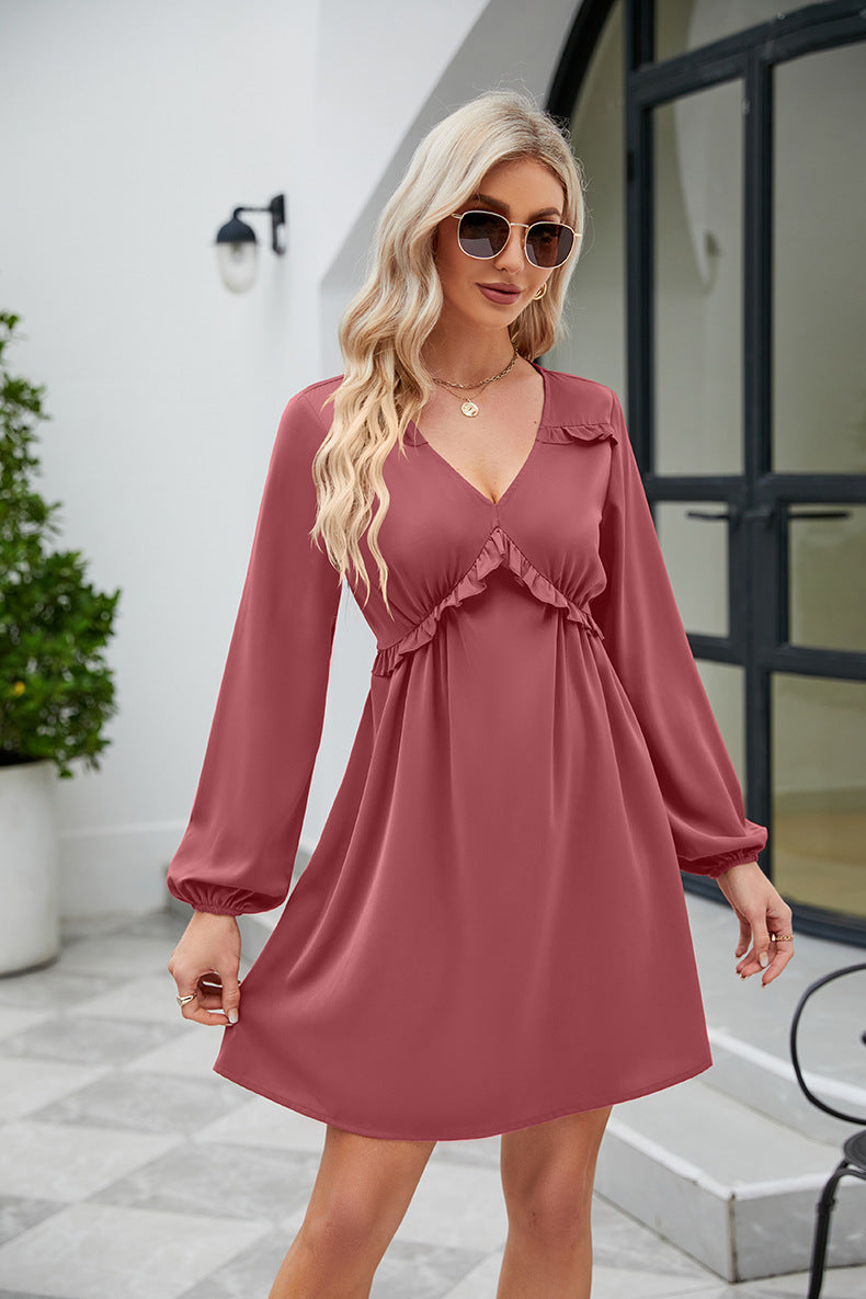 Frill Trim V-Neck Long Sleeve Dress OutfitFlow