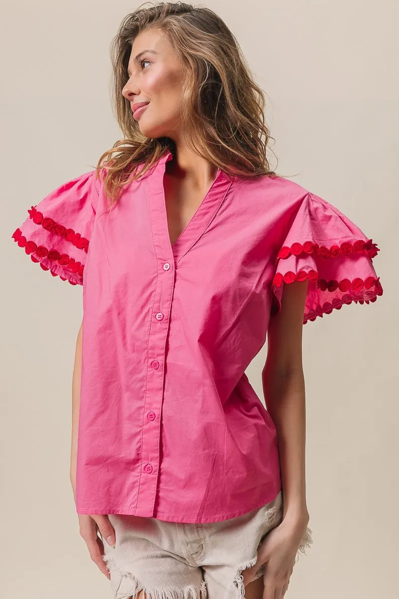 BiBi Dot Trim Flutter Sleeve Notched Top OutfitFlow