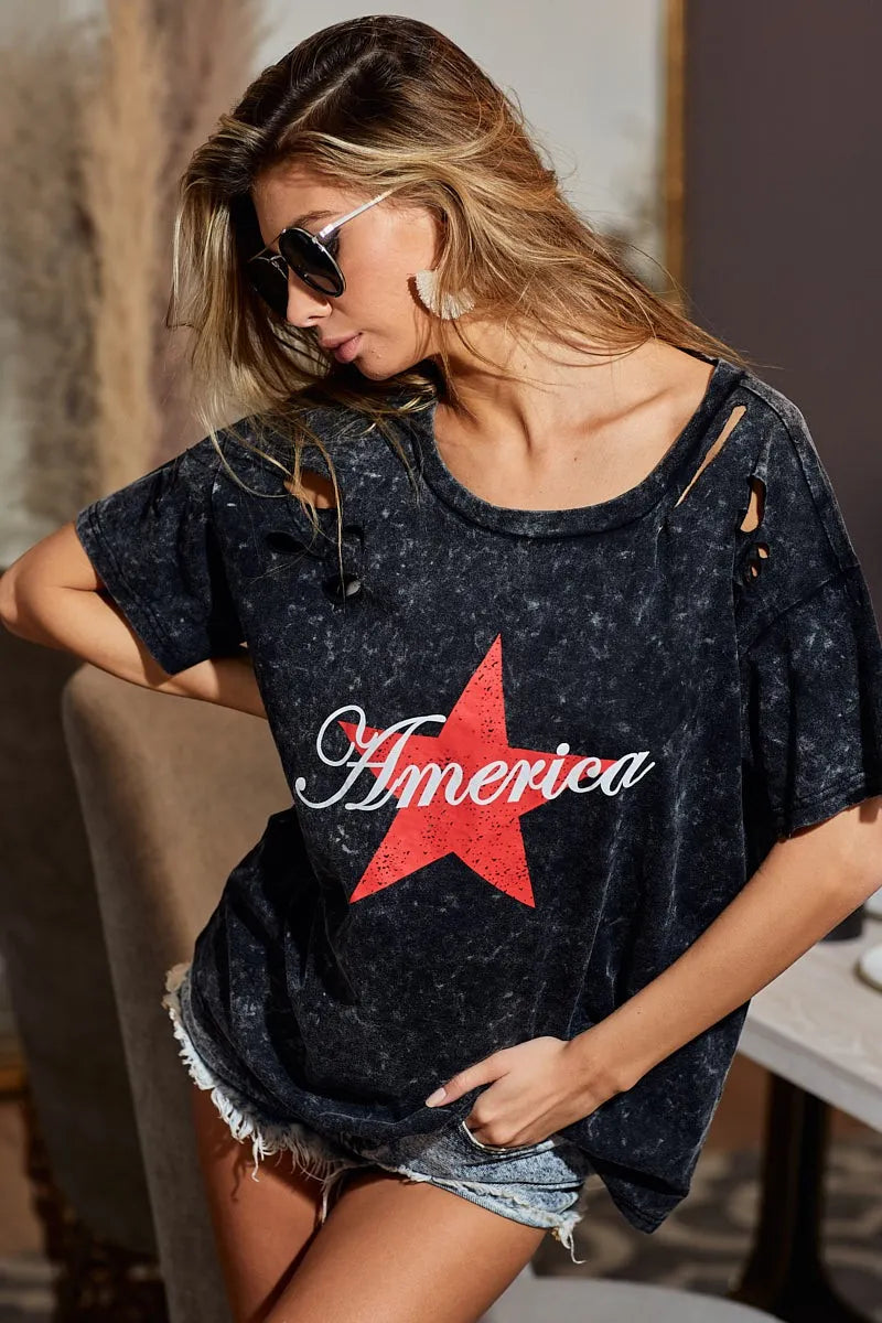 BiBi Laser Cut Mineral Washed Jersey Top with America OutfitFlow