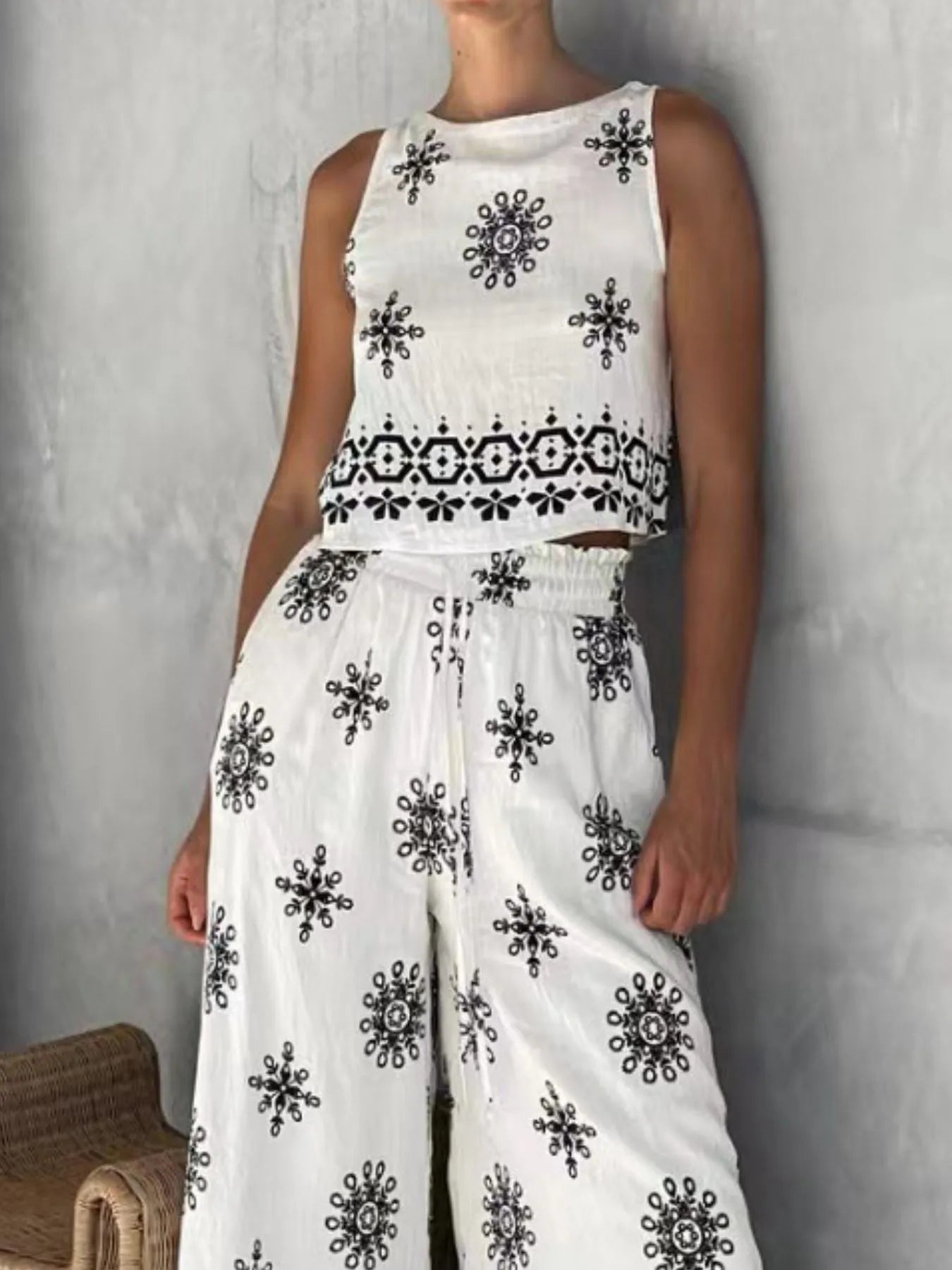 Printed Tank and Wide Leg Pants Set OutfitFlow