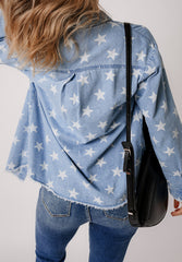 Outfit Flow - Raw Hem Star Collared Neck Denim Top