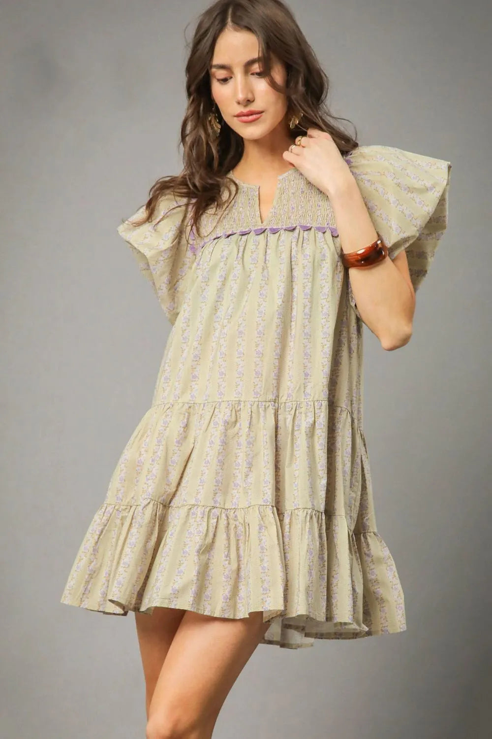 Umgee Floral Ruffled Cap Sleeve Tiered Mini Dress Sage OutfitFlow