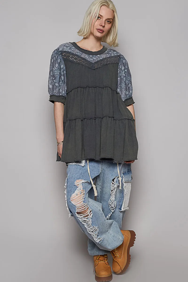 POL Lace Detail Tiered Round Neck Half Sleeve Blouse OutfitFlow