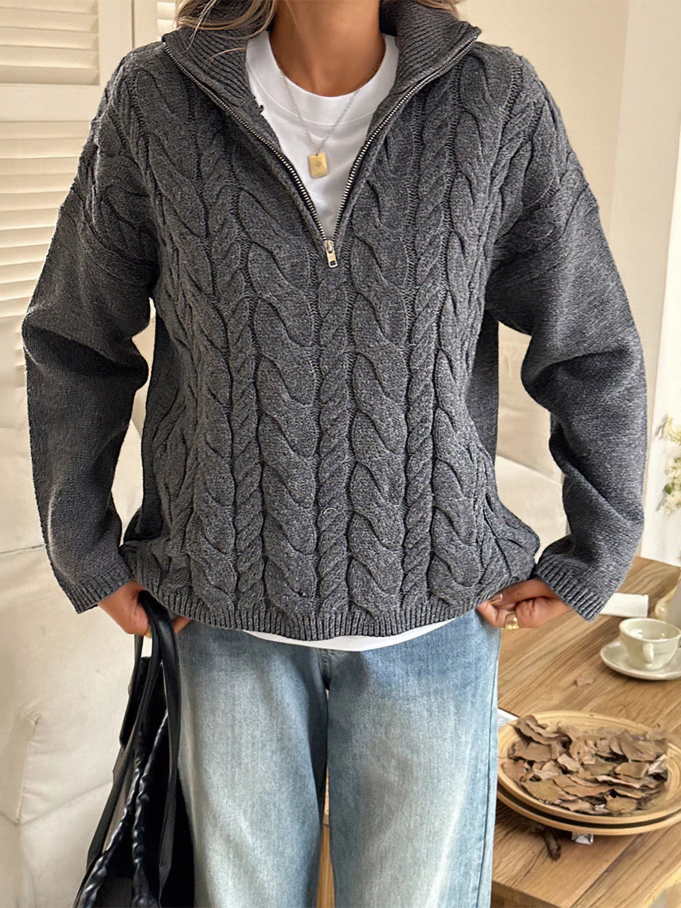 Zip Collar Cable-Knit Sweater Gray OutfitFlow